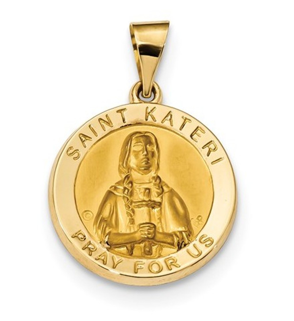 14k Polished and Satin St. Kateri Hollow Medal Pendant