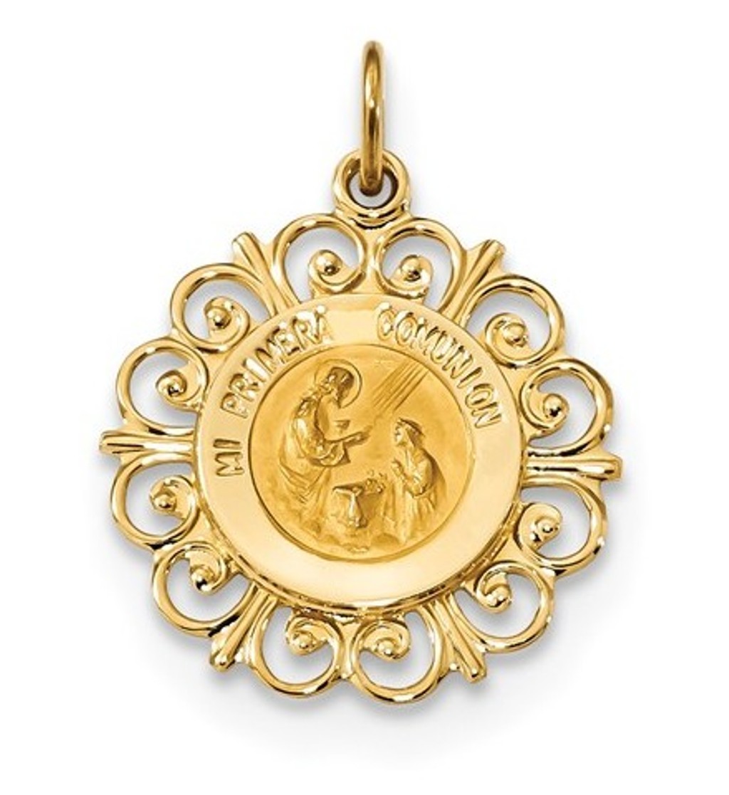 14k Polished and Satin Spanish 1st Communion Medal Pendant