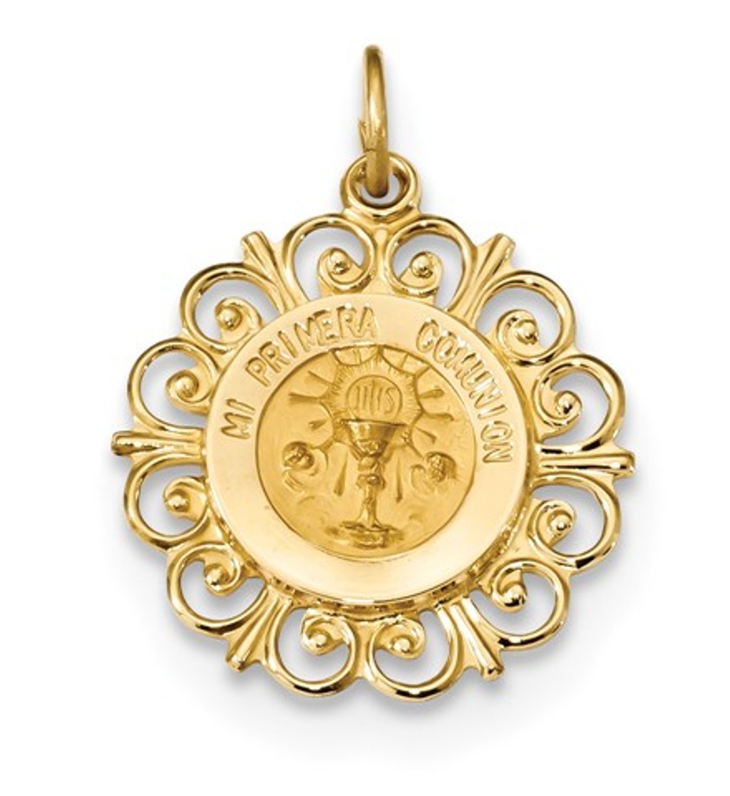 14k Polished and Satin Spanish Communion Cup Medal Pendant