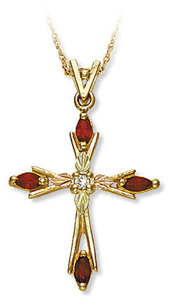 Black Hills Gold Cross in Yellow Gold with Gemstone. 