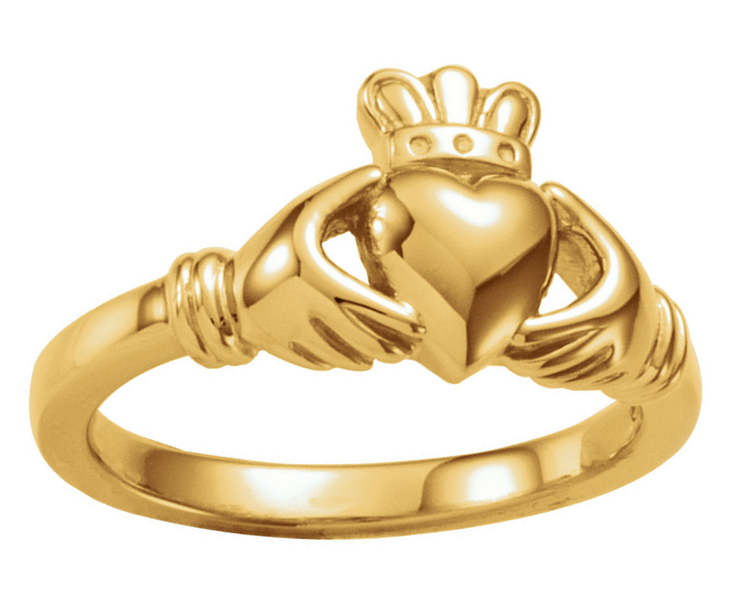 14k yellow gold Claddagh ring for teen and women; offered in sizes 4 to 7 with quarter and half sizes, too. 