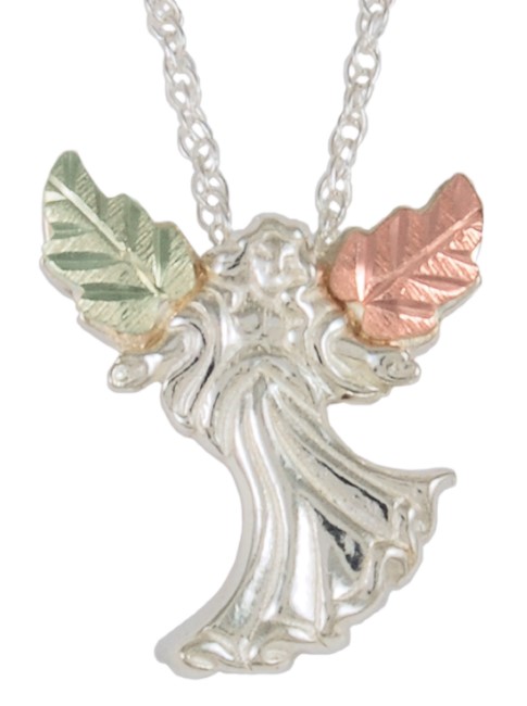 Angel Pendant Necklace, Sterling Silver, 12k Green and Rose Gold Black Hills Gold Motif.