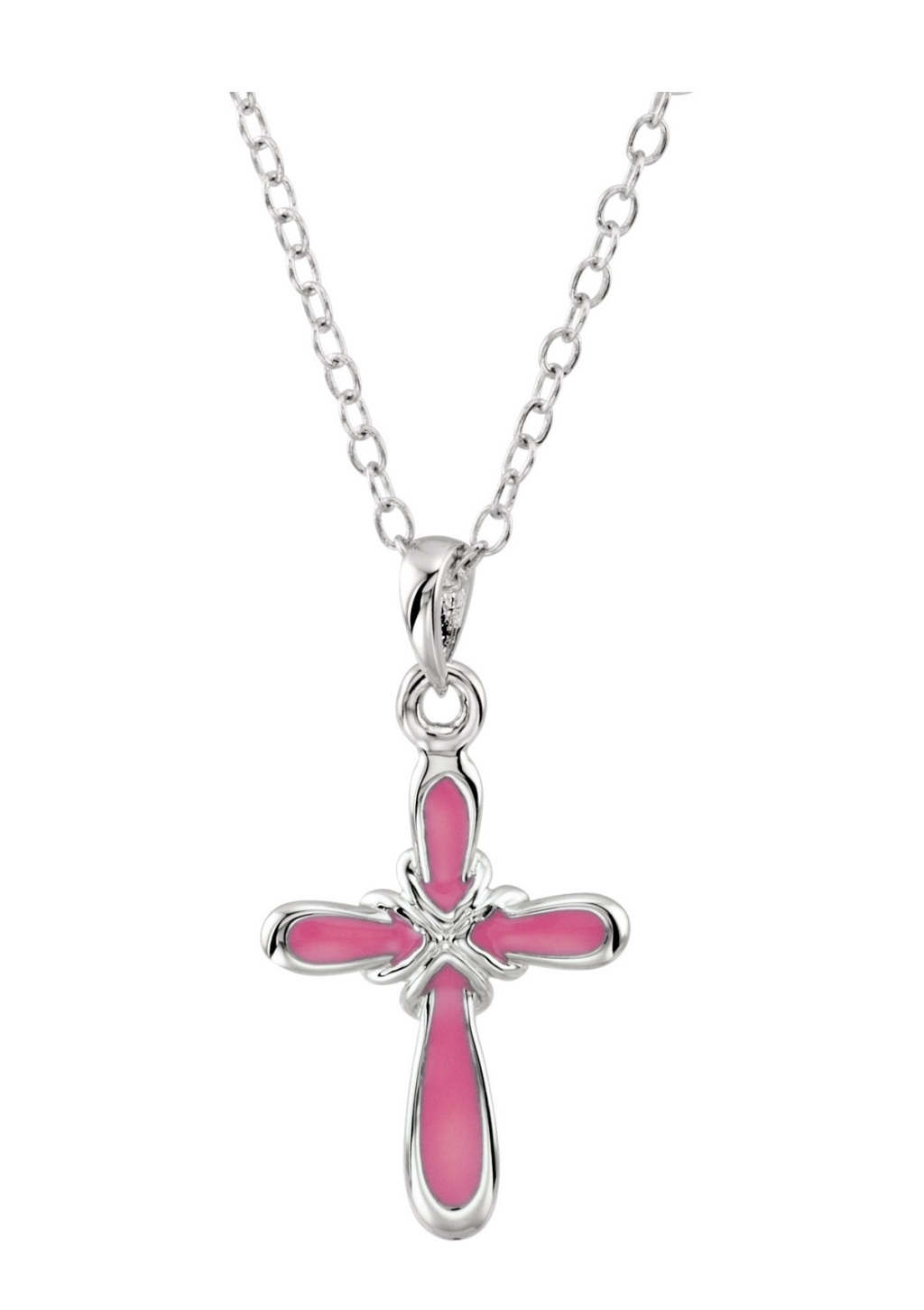 Pink Enameled Dedication Cross Pendant Necklace, Sterling Silver