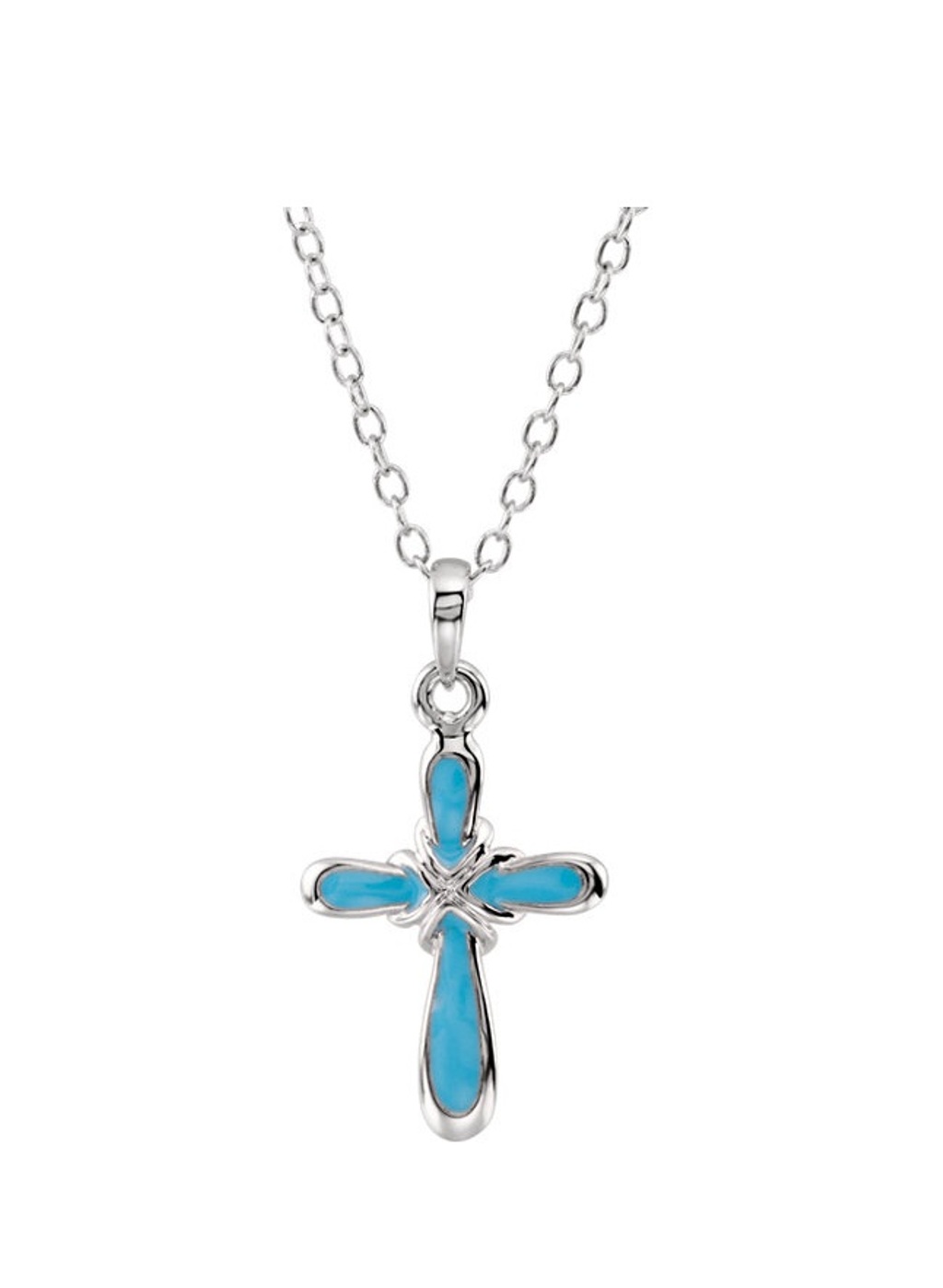 Blue Enameled Dedication Cross Pendant Necklace, Sterling Silver