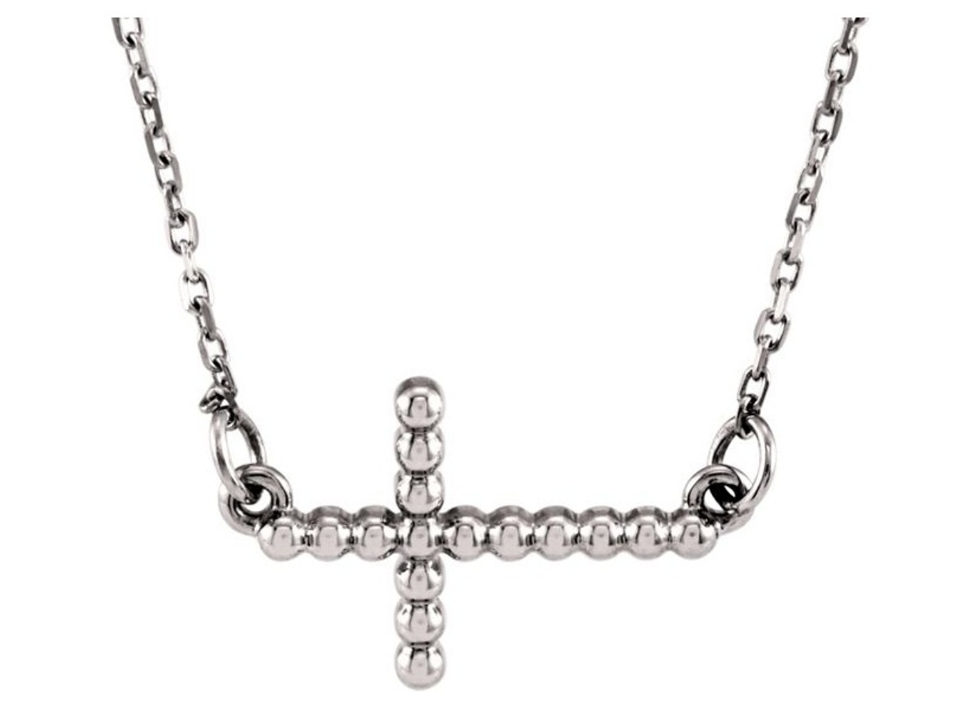 Sideways Beaded Cross Pendant Necklace, Rhodium-Plated 14k White Gold