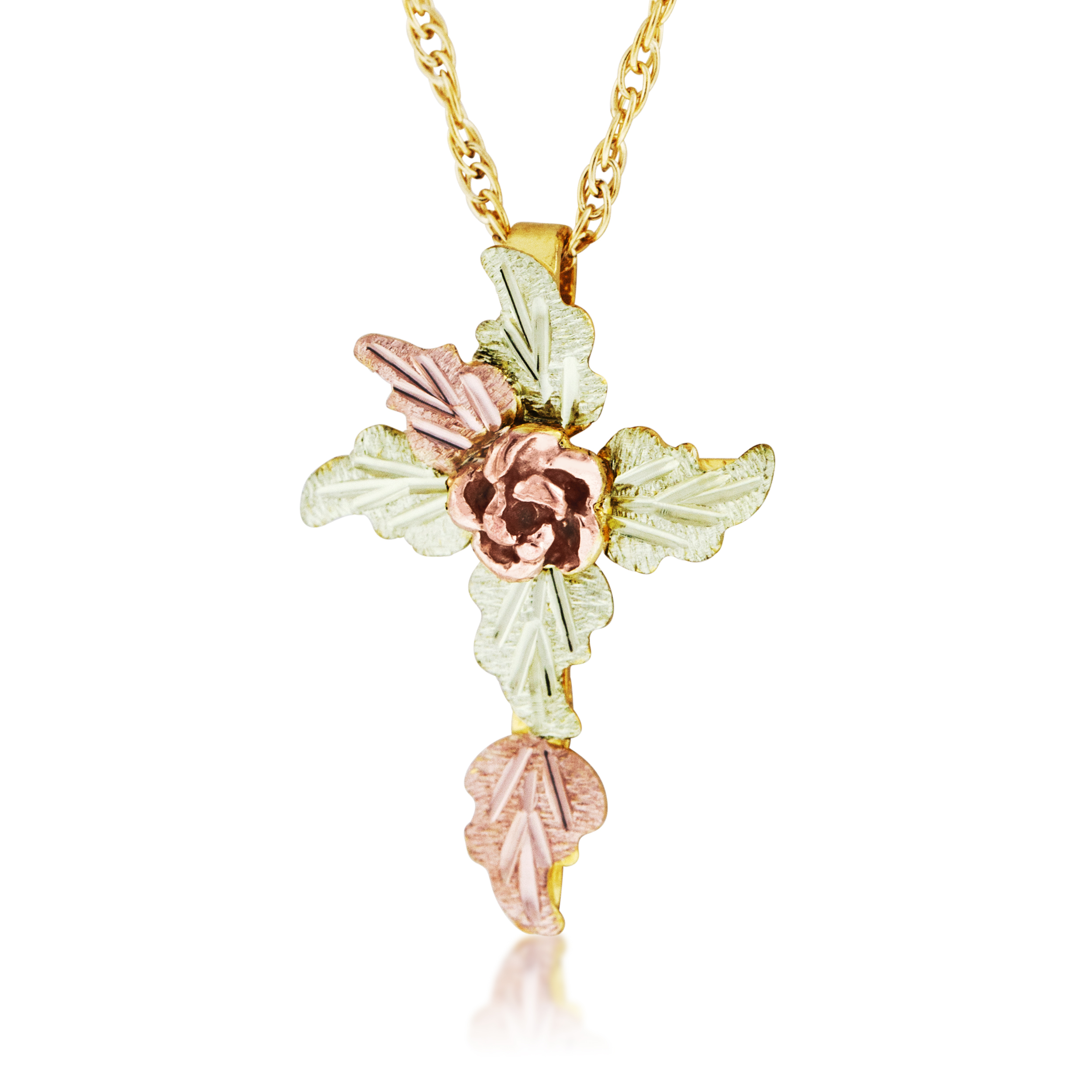 Black Hills Gold Cross with Dakota Rose on-center of cross; cross arms are crafted with 12k green gold and 12k rose gold grape leaves. Cross necklace is 18 inches in length. 