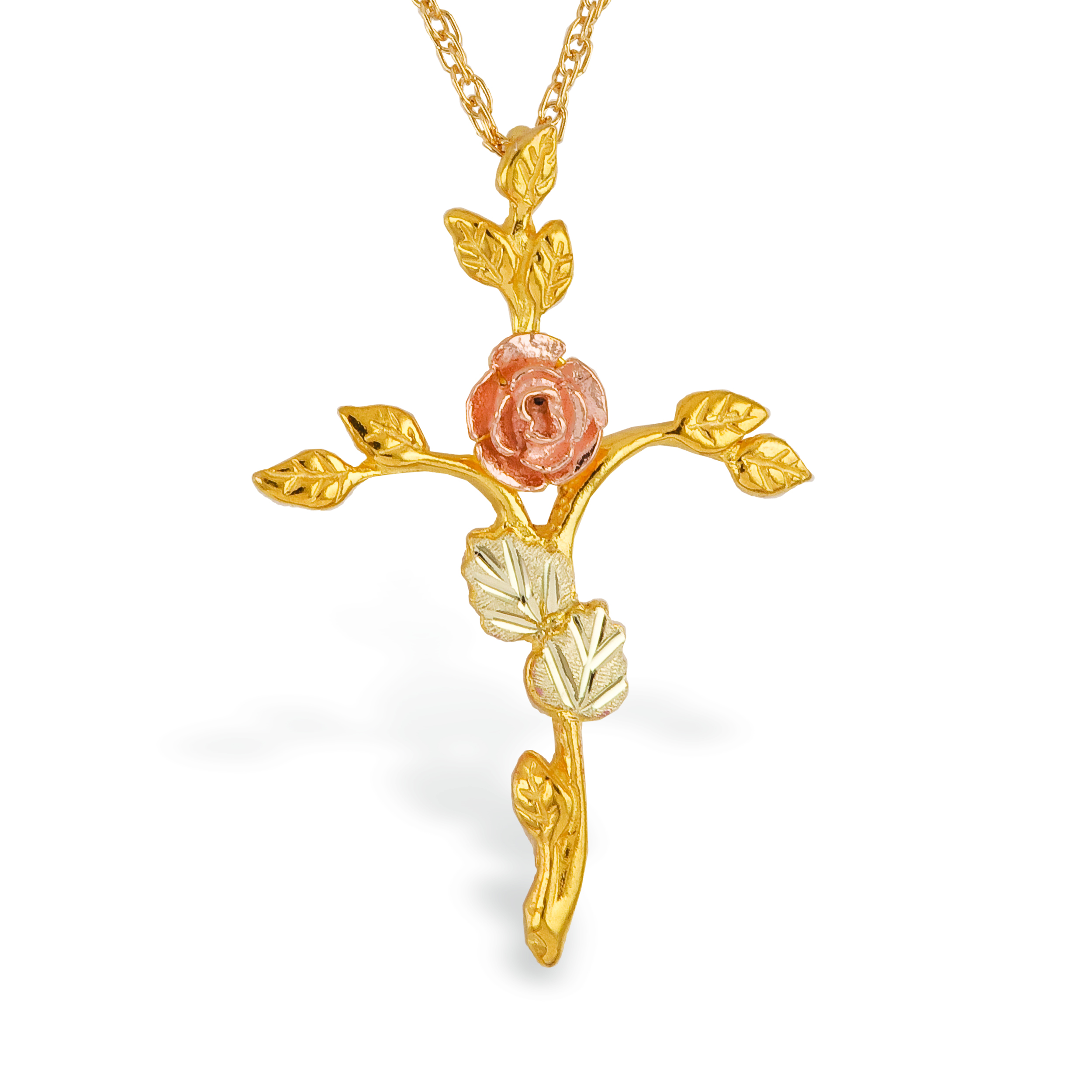 Black Hills Gold Cross Necklace with Rose and Branch motif pendent G2409. 