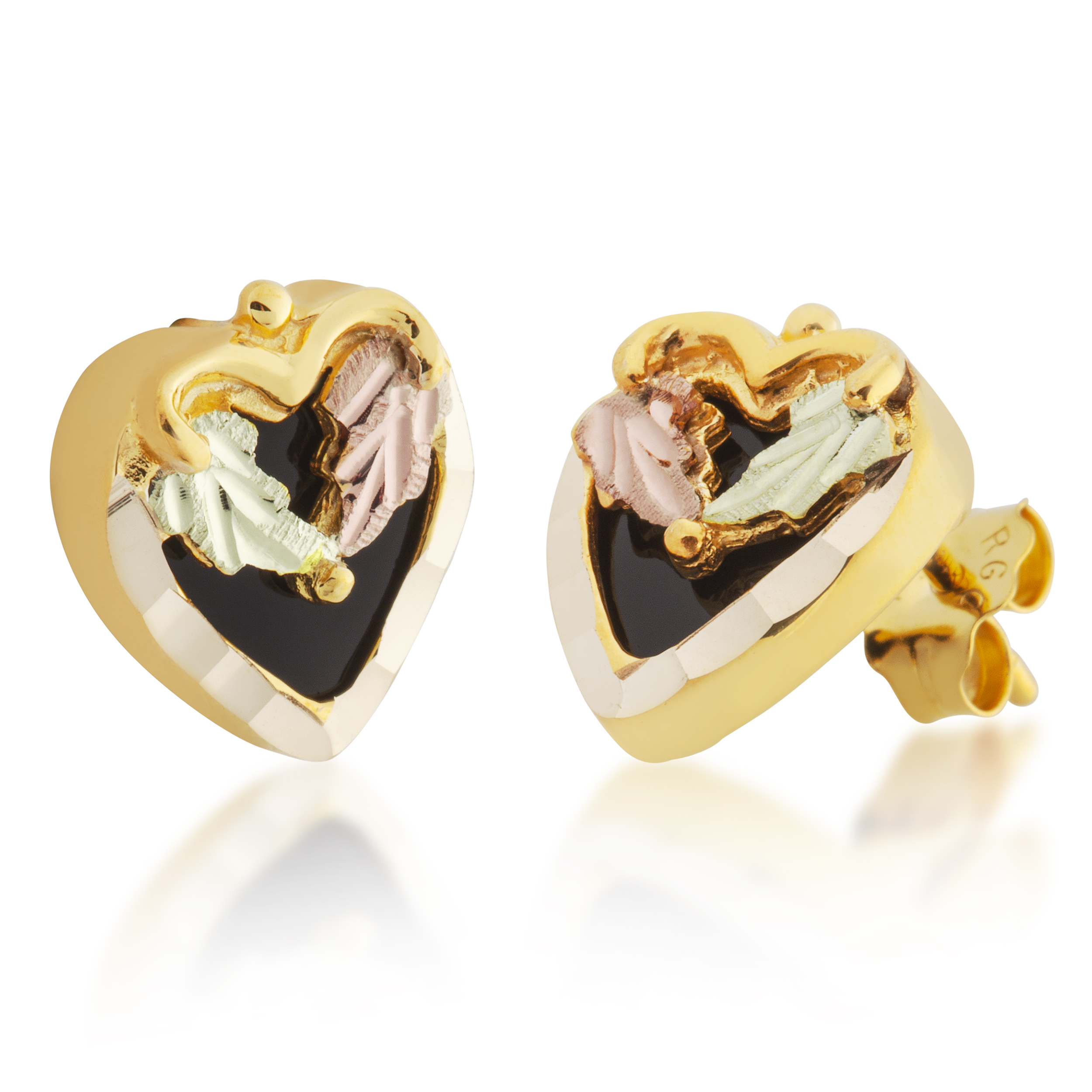 Heart shaped earrings in Black Hills Gold motif, 10kyg. 