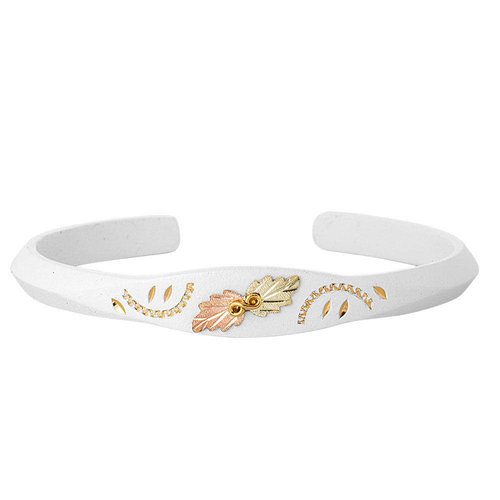 White Powder Coated Cuff Bracelet Black Hills Gold Motif. 