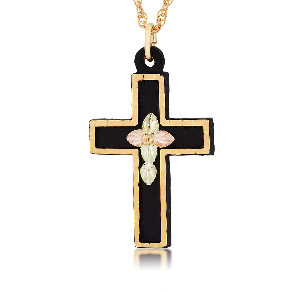 Black Passion Cross Pendant Necklace, 10k Yellow Gold, 12k Green and Rose Gold Black Hills Gold Motif GLCR605, 18''. 