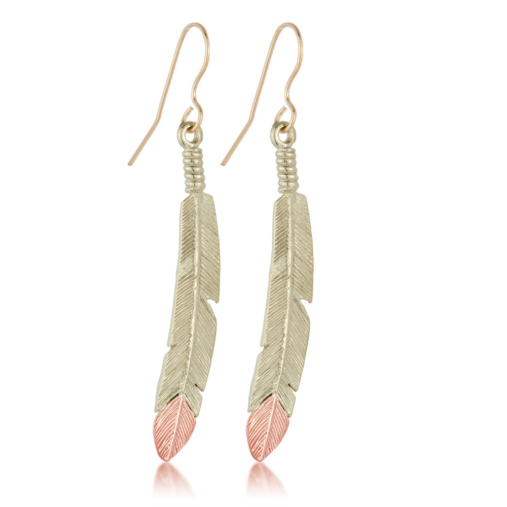 Black Hills Gold Dangle Drop Earrings in a feather motif. 