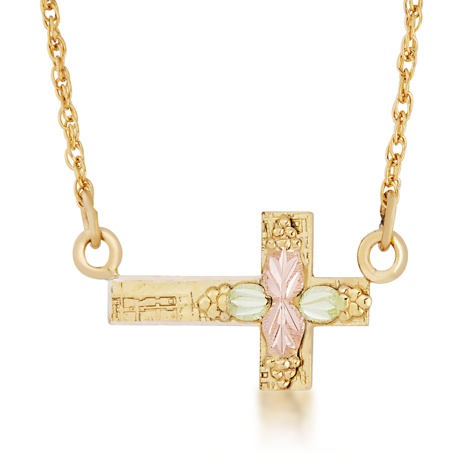 Black Hills Gold Cross Necklace with Grape Leaf Cluster. 