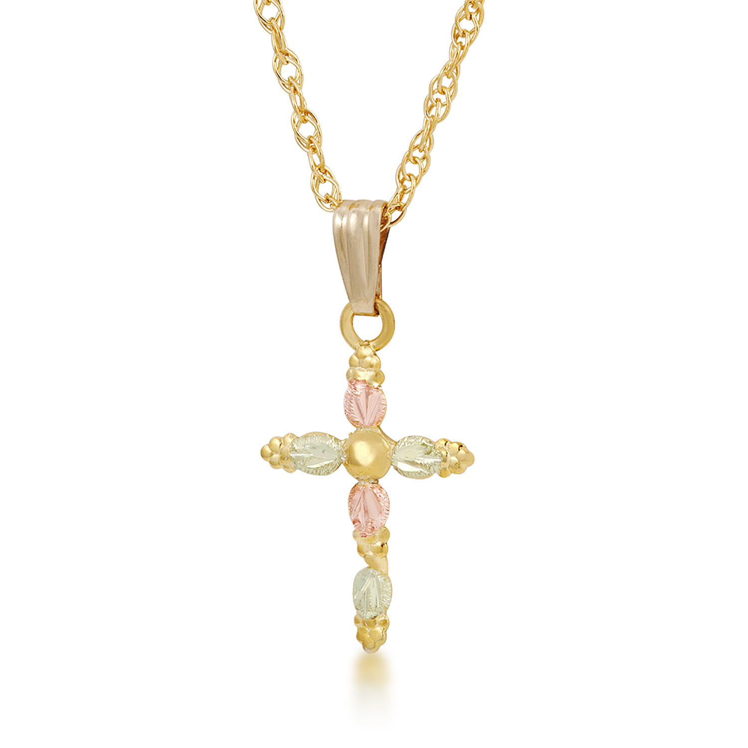 Petite Cross in Black Hills Gold Motif; end of arms are 10k yellow gold grape clusters, the cross is 12k green and rose gold grape leaves with a 10k yellow gold grape on center of cross necklace.  