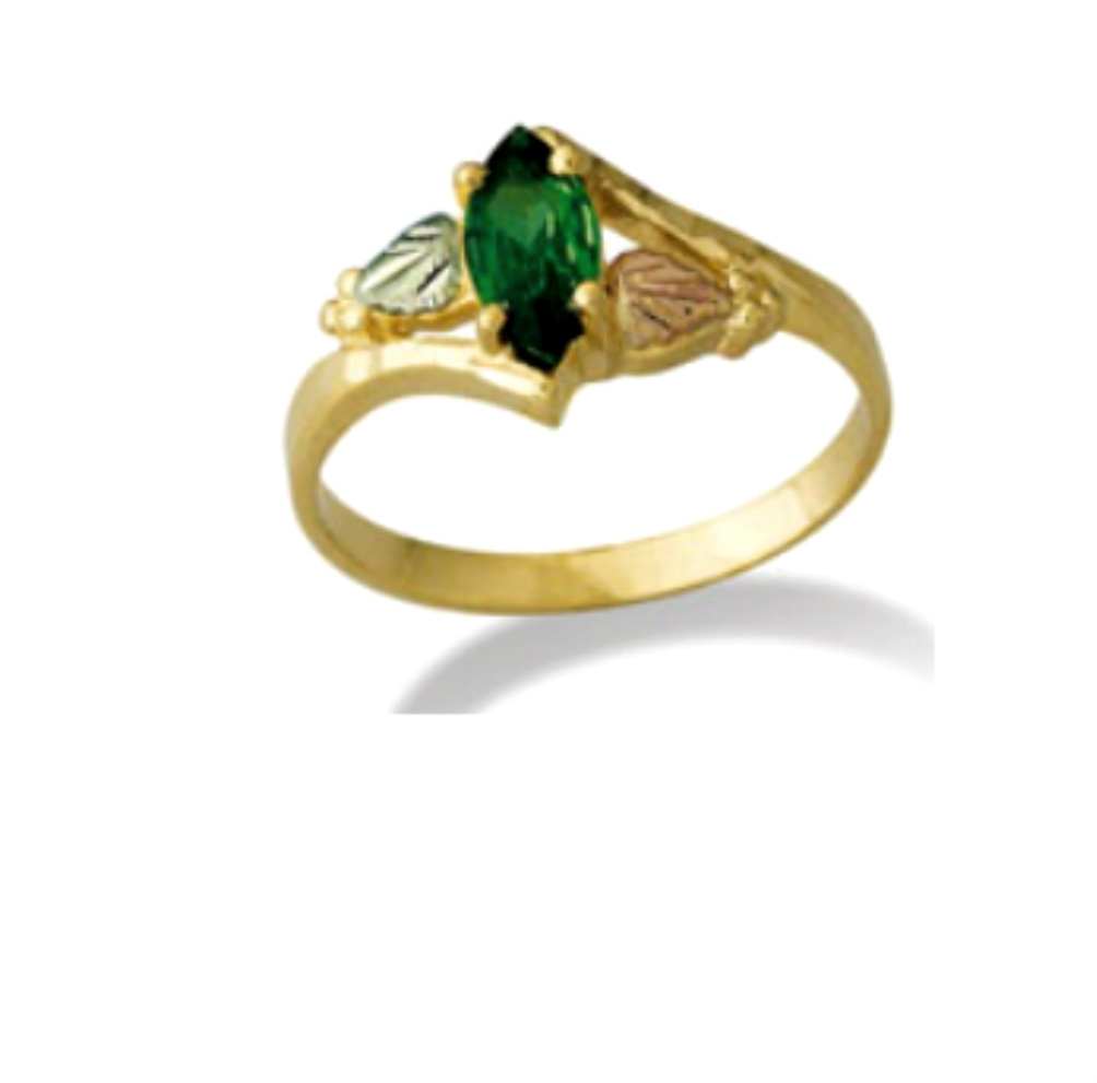 Created Emerald Marquise 10k Yellow Gold Statement Ring, 12k Green and Rose Gold Black Hills Gold Motif. 