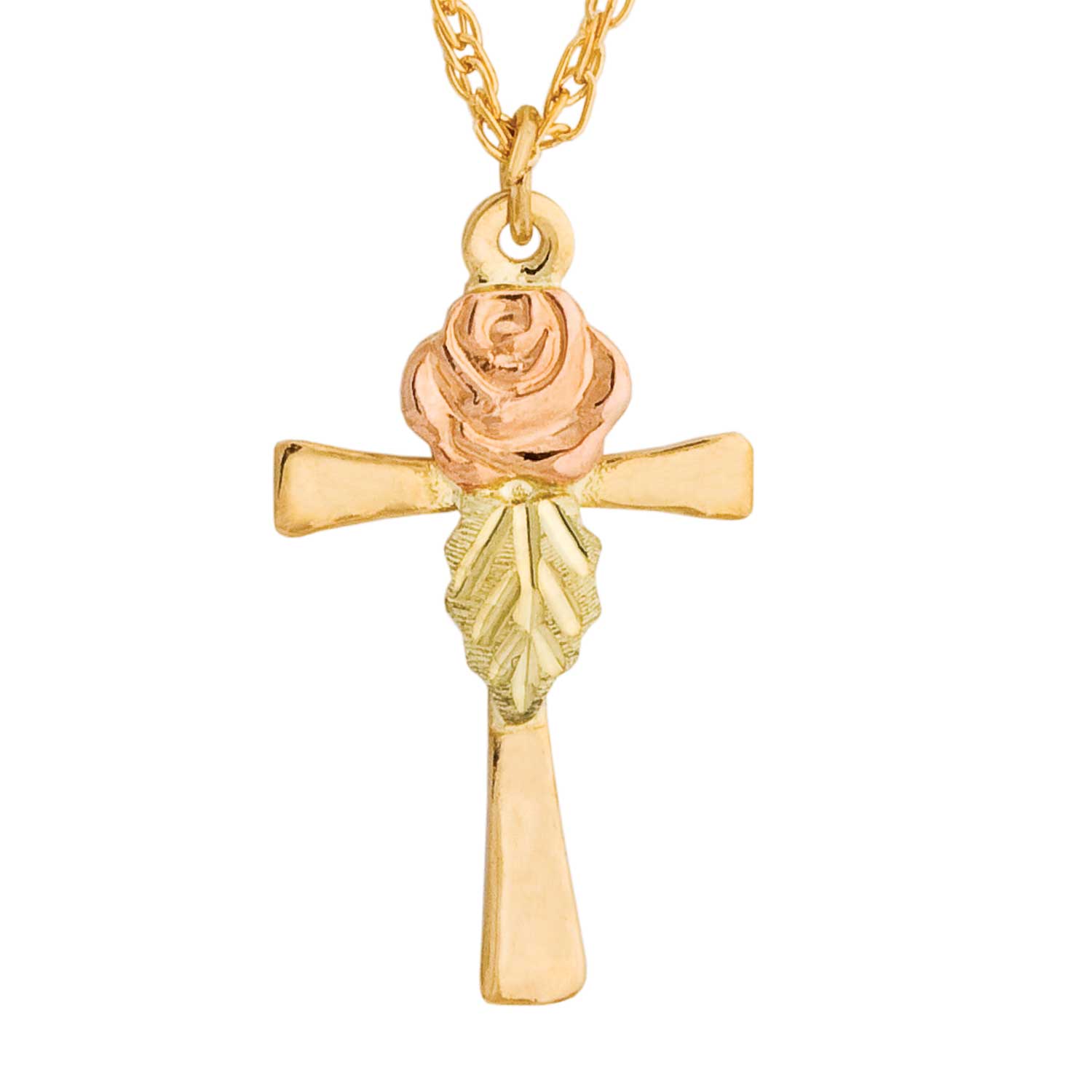 Black Hills Gold Cross with Rose  motif Pendant GSD20217. 