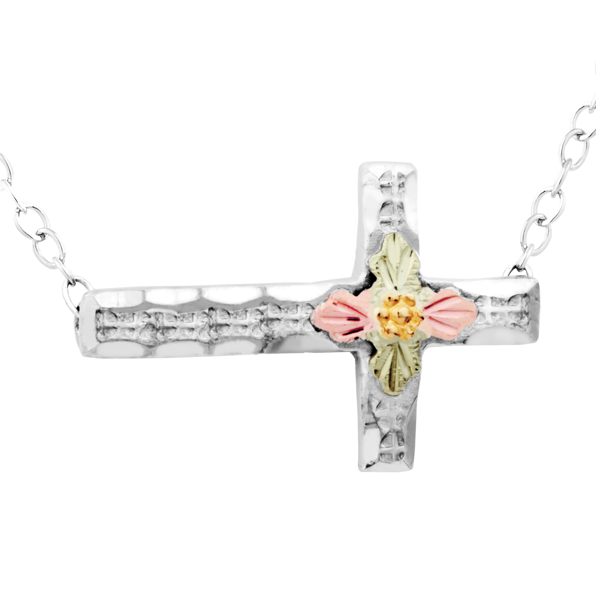 Black Hills Gold motif on Sideways Cross in Sterling Silver. 