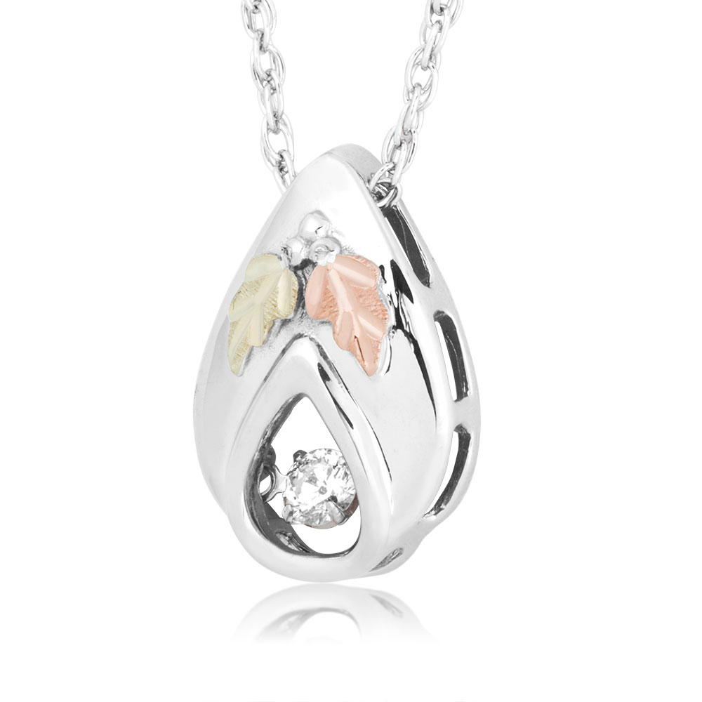 Black Hills Gold Floating Diamond Necklace with Pear Shaped Sterling Silver Pendant. 