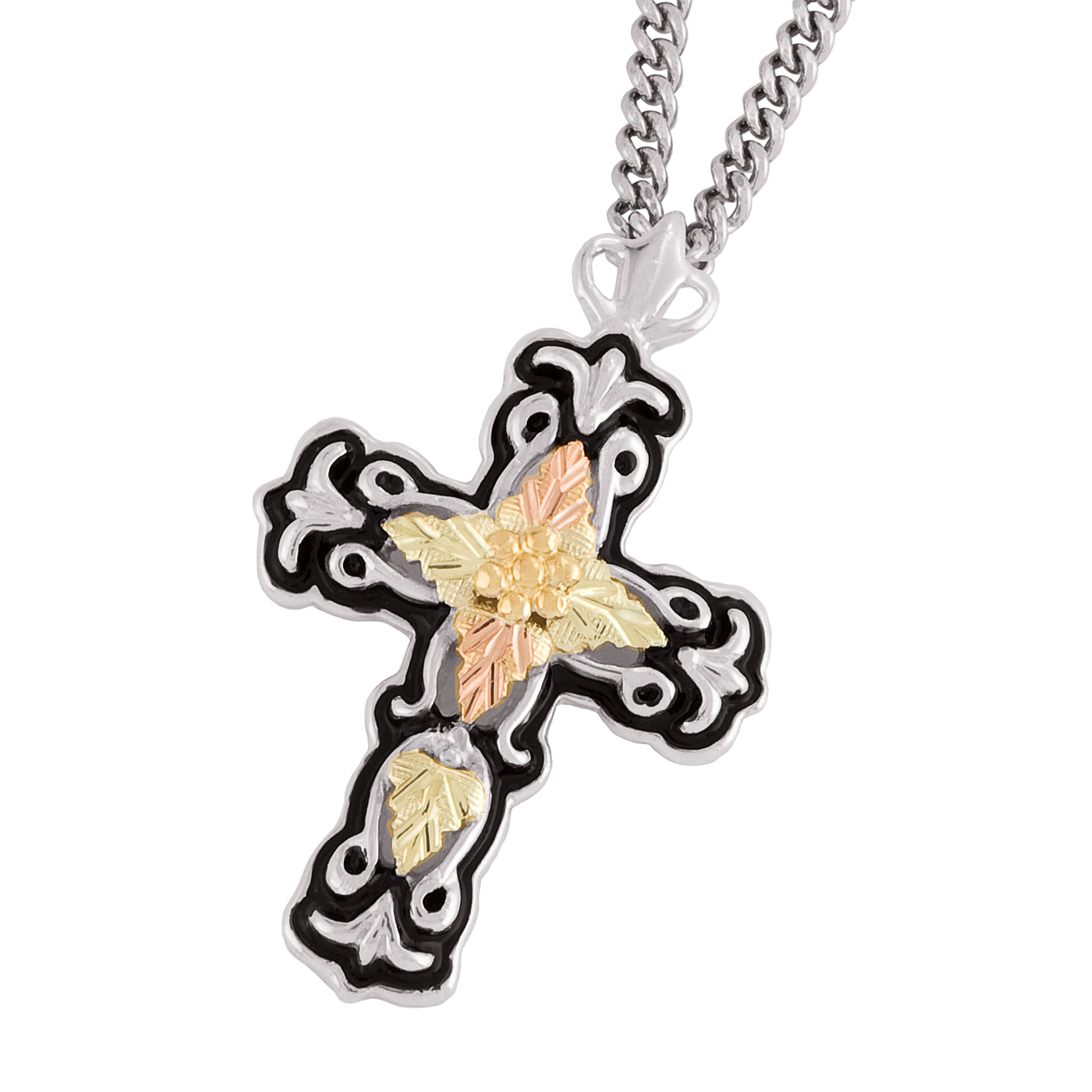 Black Powder Cross Trimmed in Sterling Silver with Black Hills Gold motif. 