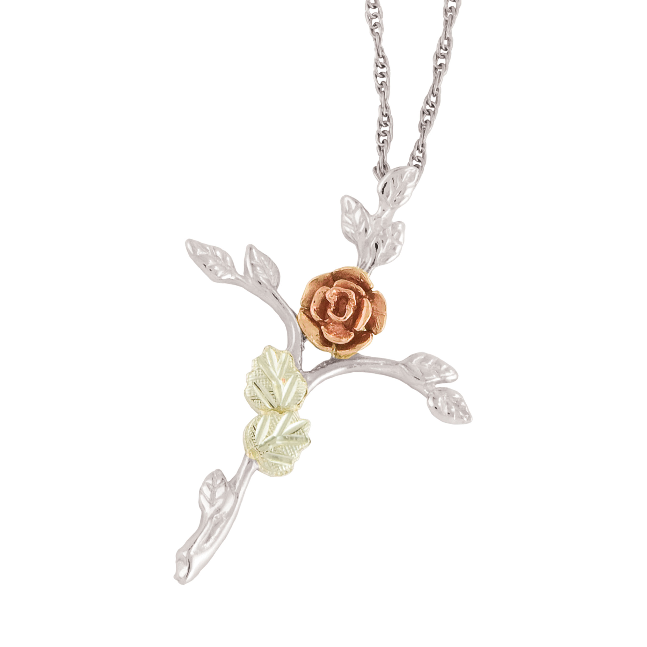 Black Hills Gold Rose set on Sterling Silver branch with leaves MR2409. 