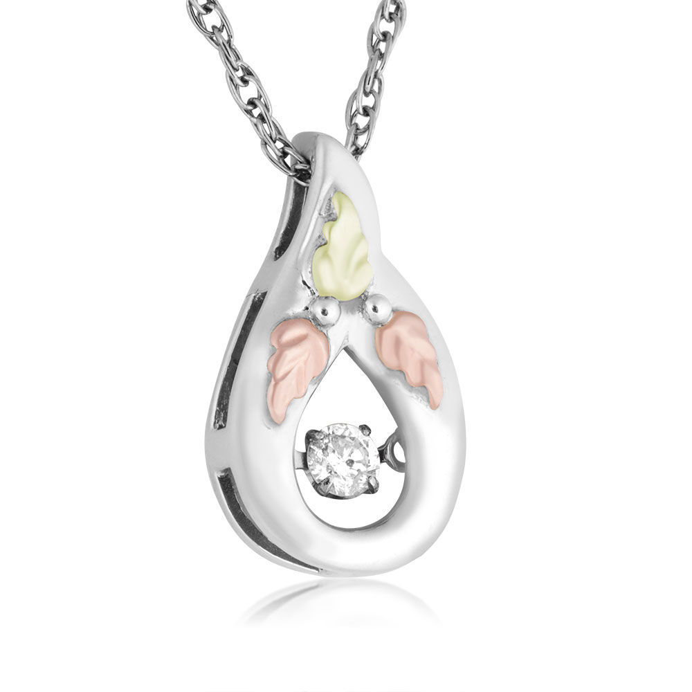 Black Hills Gold Floating Diamond Necklace with Pear shaped Sterling Silver Pendent. 