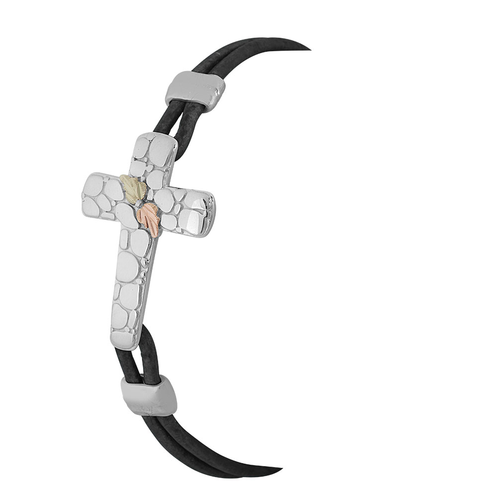 Black Hills Gold motif on Sterling Silver Cross with black band. 