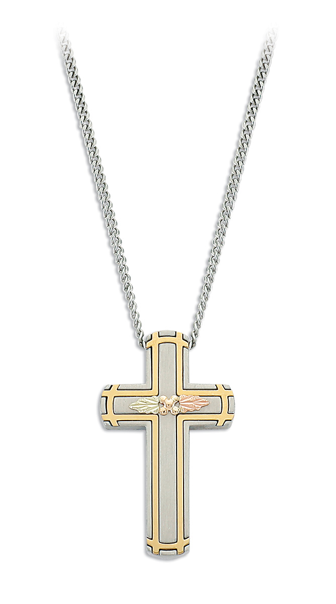 Black Hills Gold motif on Sterling Silver Cross with gold accent around the edges. 