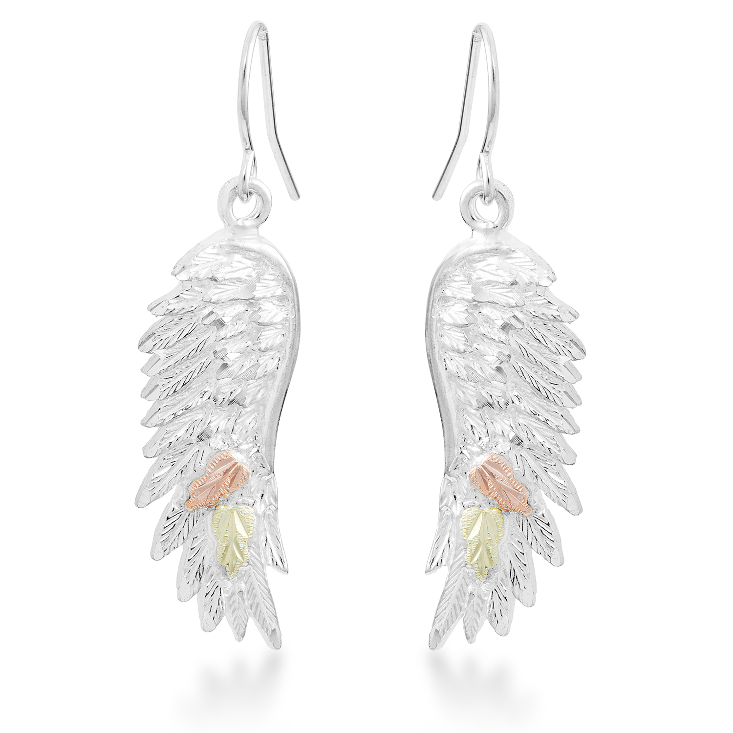 Angel Wing Earrings, Sterling Siver, 12k Rose and Green Gold Black Hill Gold Motif. 