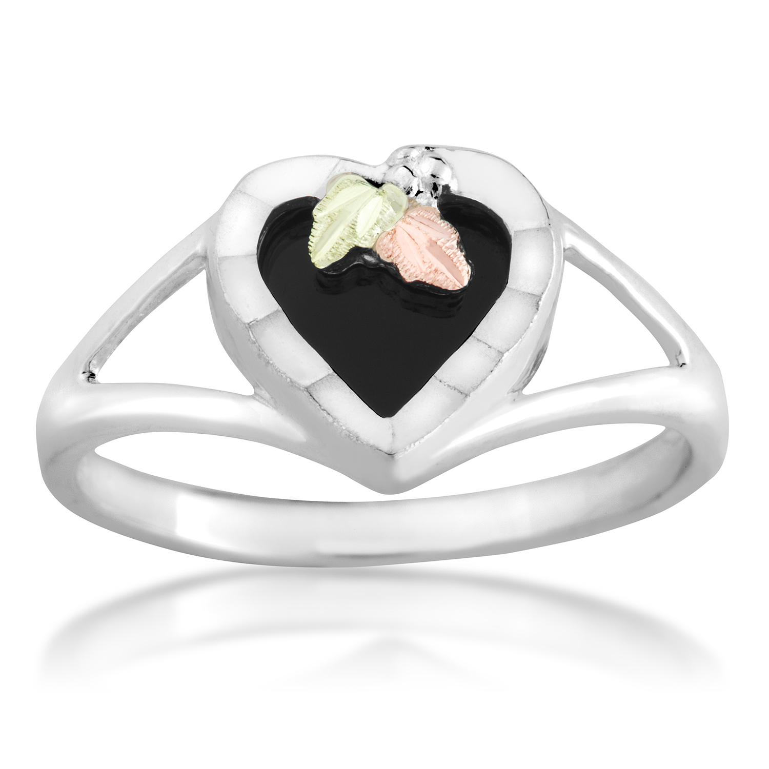 Heart shaped ring in Black Hills Gold motif on Onyx, set on Sterling Silver, 