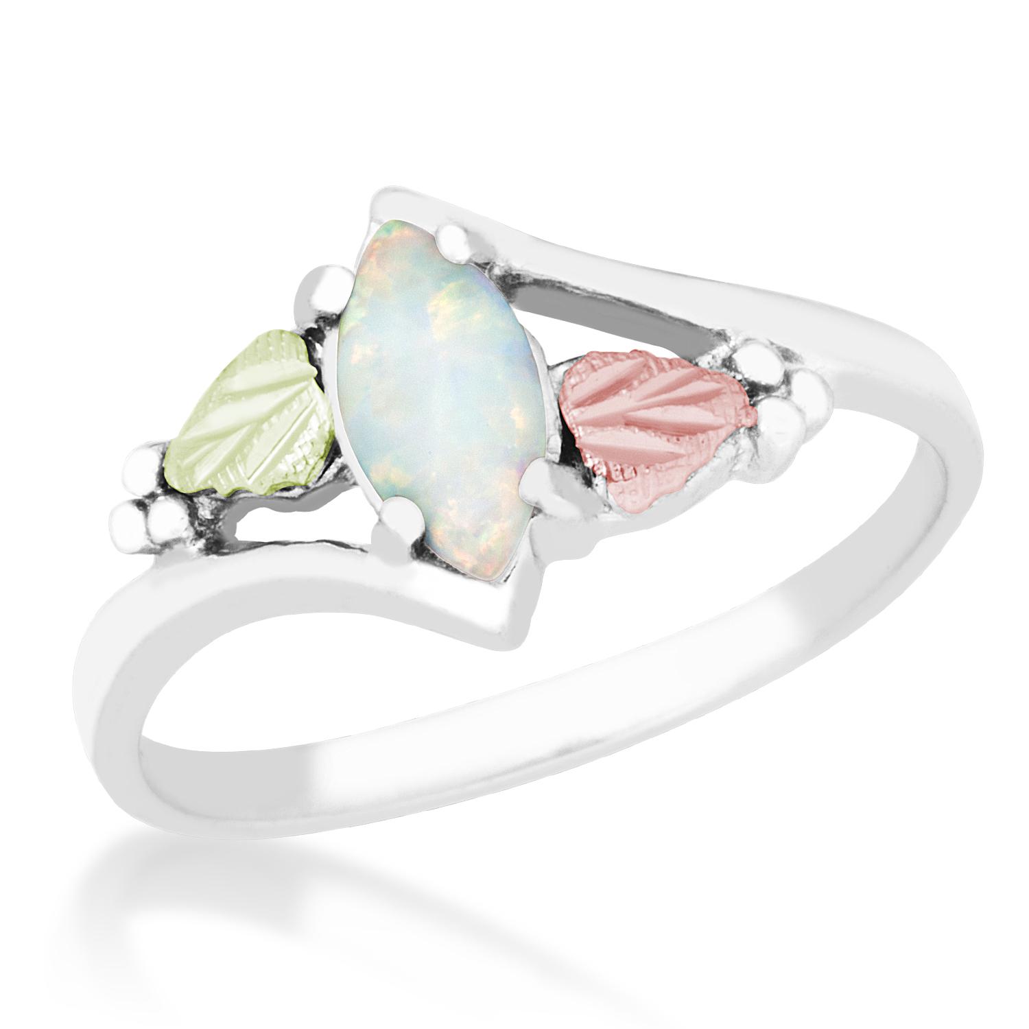 Created opal marquise cabochon bypass ring crafted in rhodium plate sterling silver, 12k rose gold, 12k green gold Black Hills Gold motif.