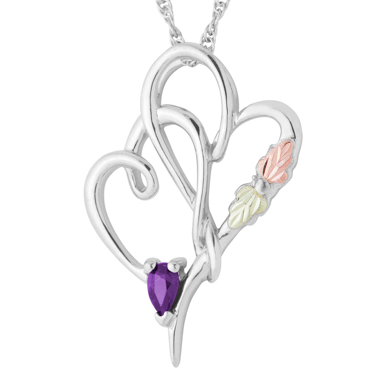 Black Hills Gold Necklace Double Heart Intertwined with Gemstone in Sterling Silver Pendant. 