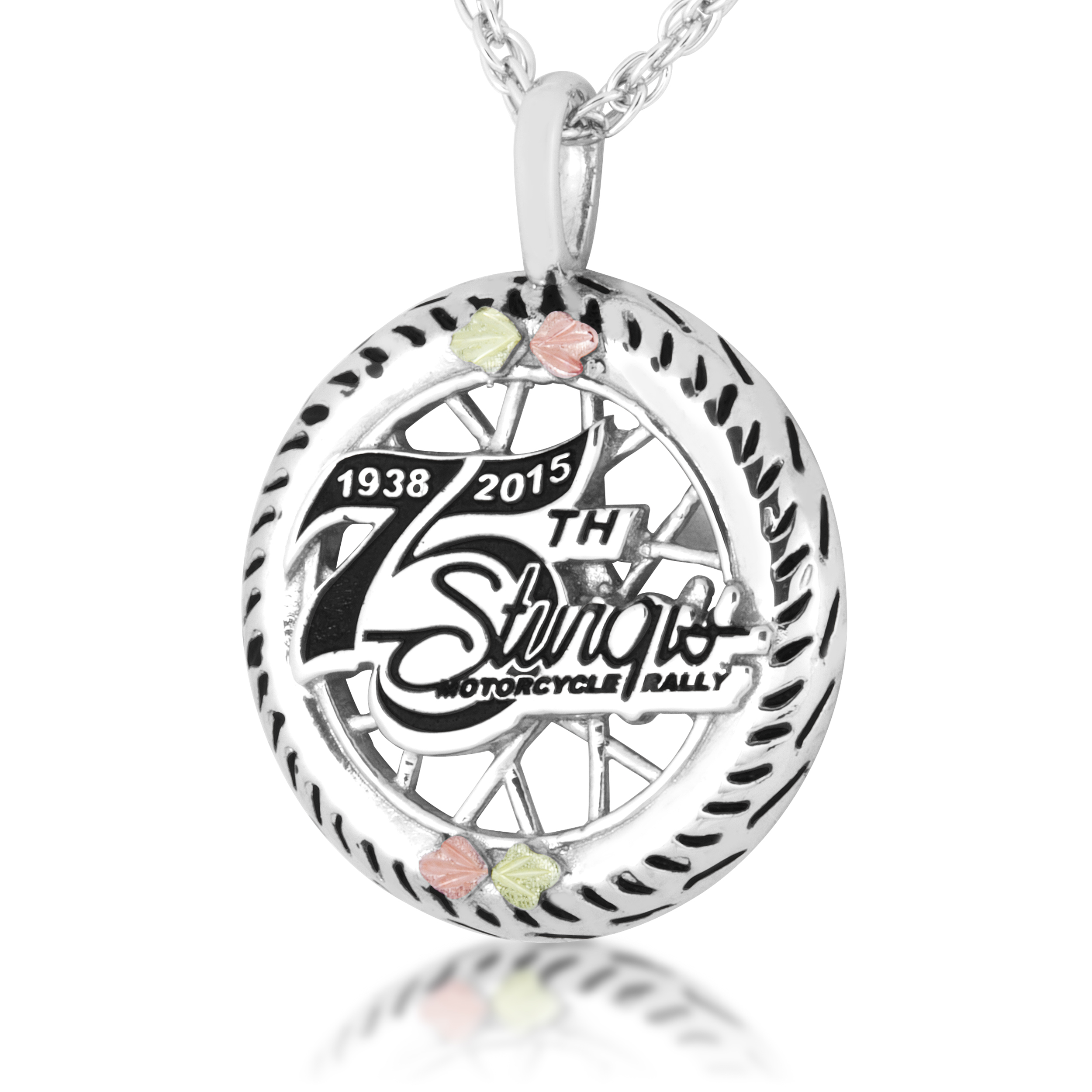 75th Sturgis Rally Black Hills Gold Sterling Silver Commemorative Motorcycle Wheel Necklace. 