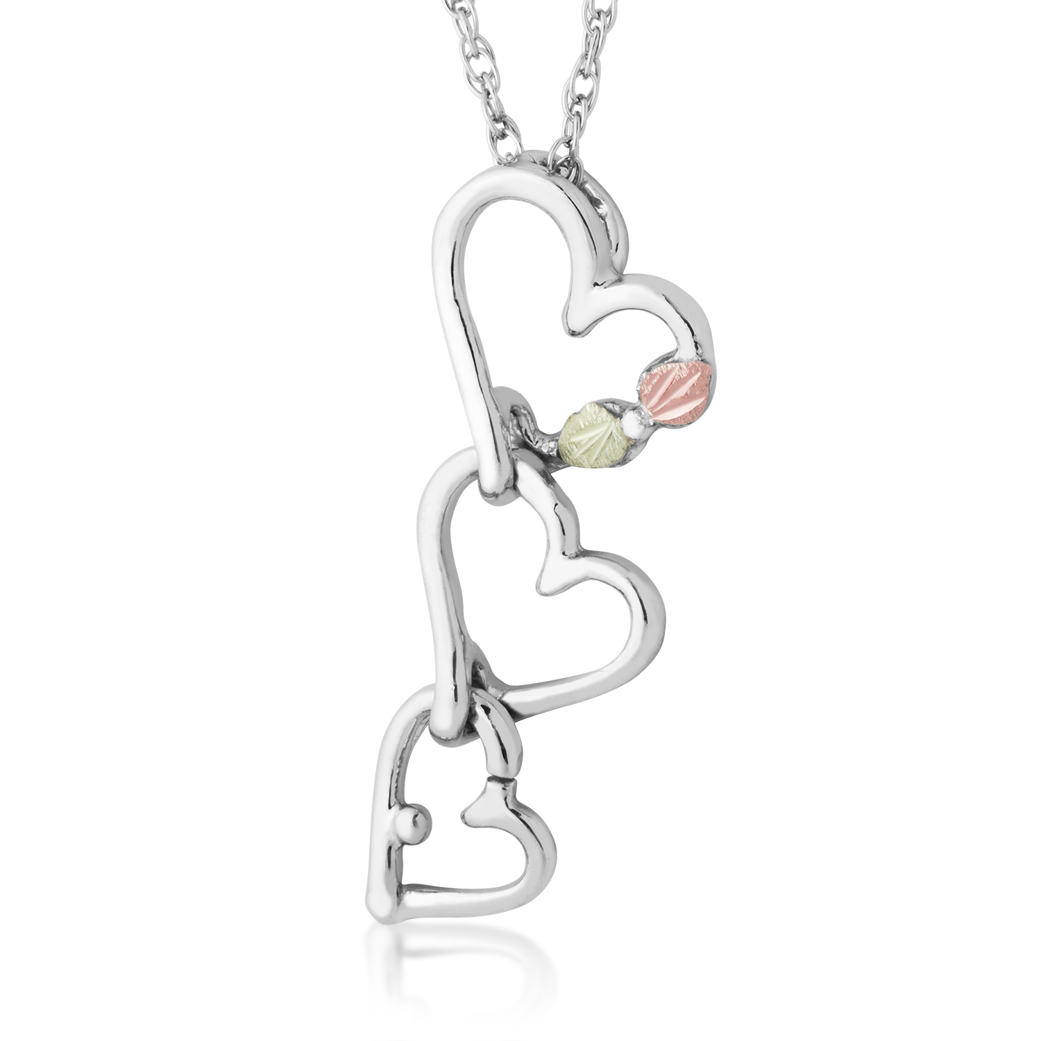 Black Hills Gold Motif Necklace with 3 heart interlocking Pendent set in Sterling Silver. 