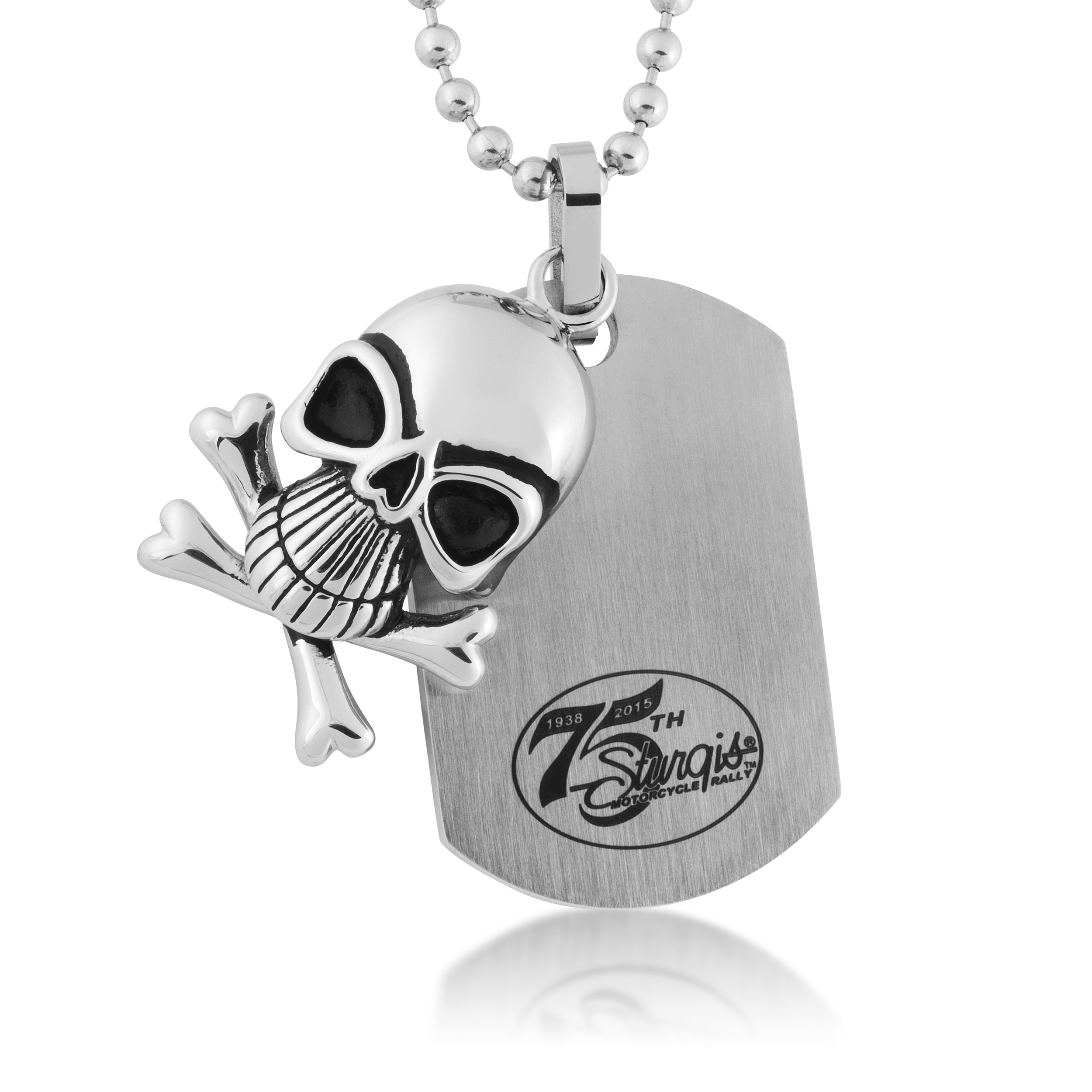 75th Sturgis Rally Black Hills Gold Sterling Silver Men's Commemorative Dog-tag Necklace with Scull and Cross Bone Pendent 