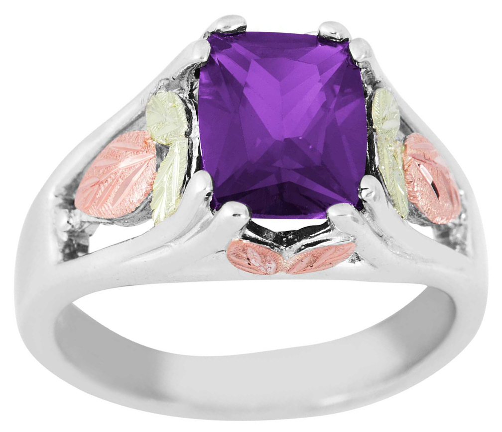 February Birthstone Created Soude Amethyst Ring, Rhodium Plated Sterling Silver, 12k Green and Rose Gold Black Hills Silver Motif