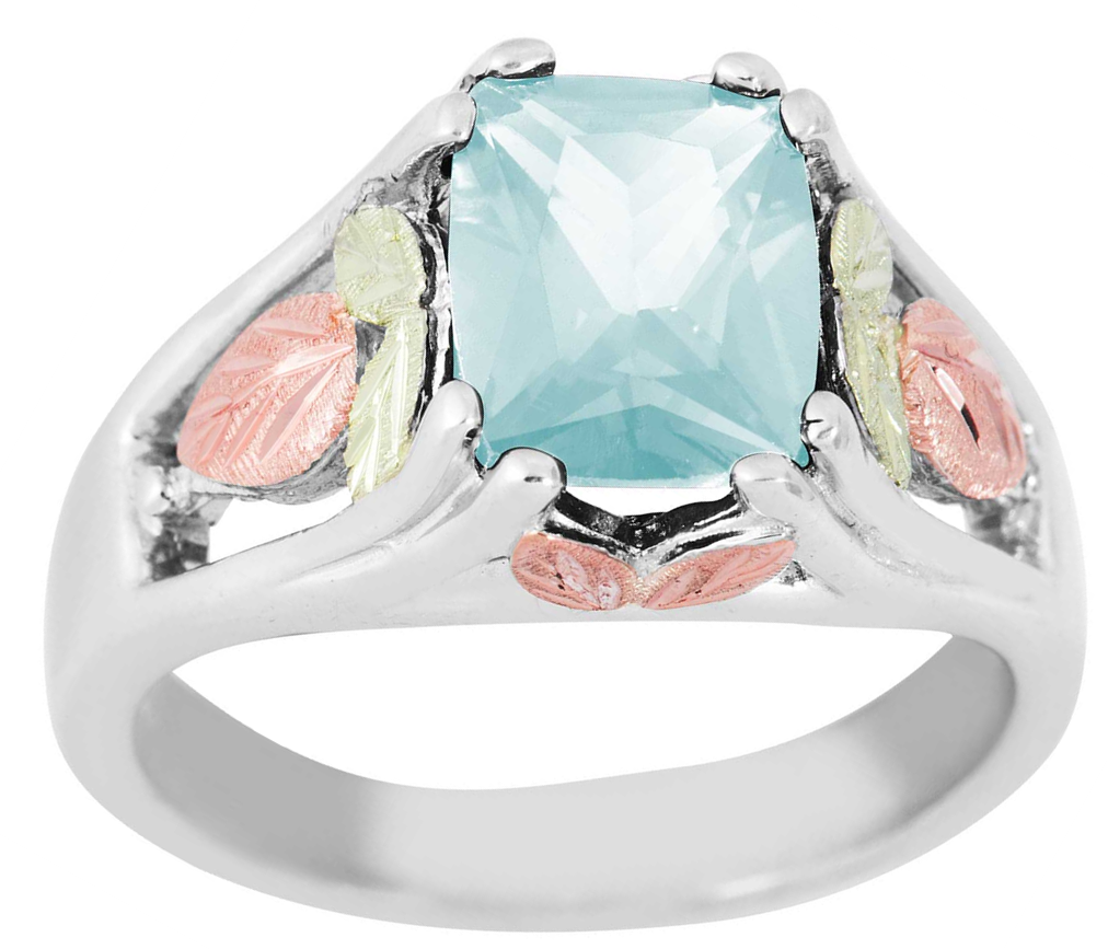Lab created Aquamarine March birthstone ring handmade in rhodium plated sterling silver, 12k rose and green gold Black Hills Gold motif.
