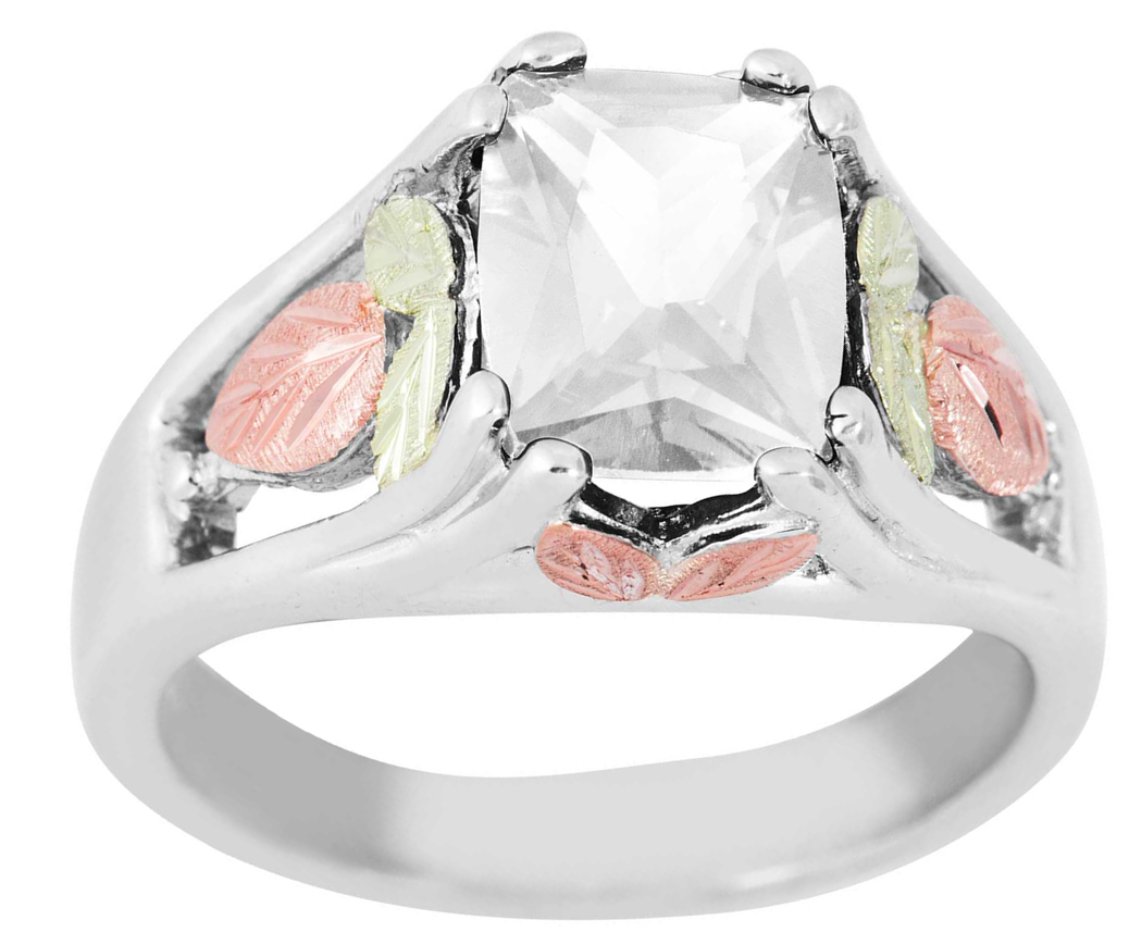 Created white spinel April birthstone ring handmade in rhodium plated sterling silver, 12k rose gold, 12k green gold Black Hills Gold motif.