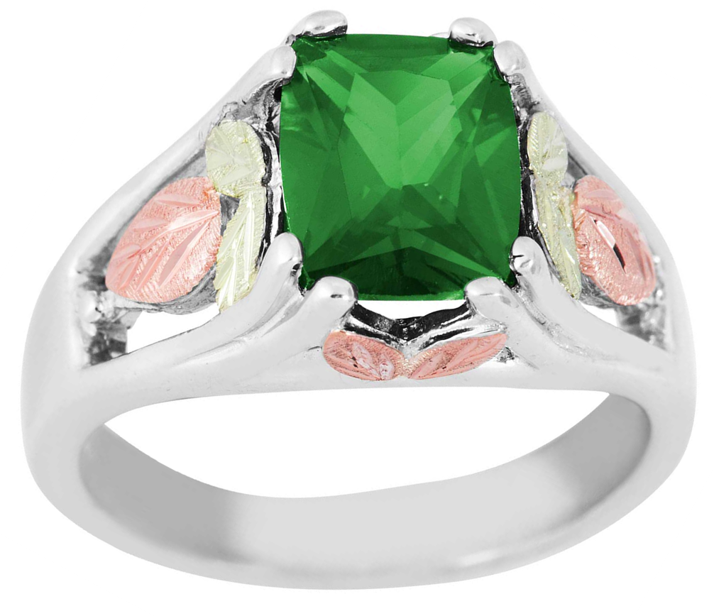 Created Soude Emerald May birthstone ring, happily made in the USA of rhodium plated sterling silver, 12k rose gold, 12k green gold Black Hills Gold motif.
