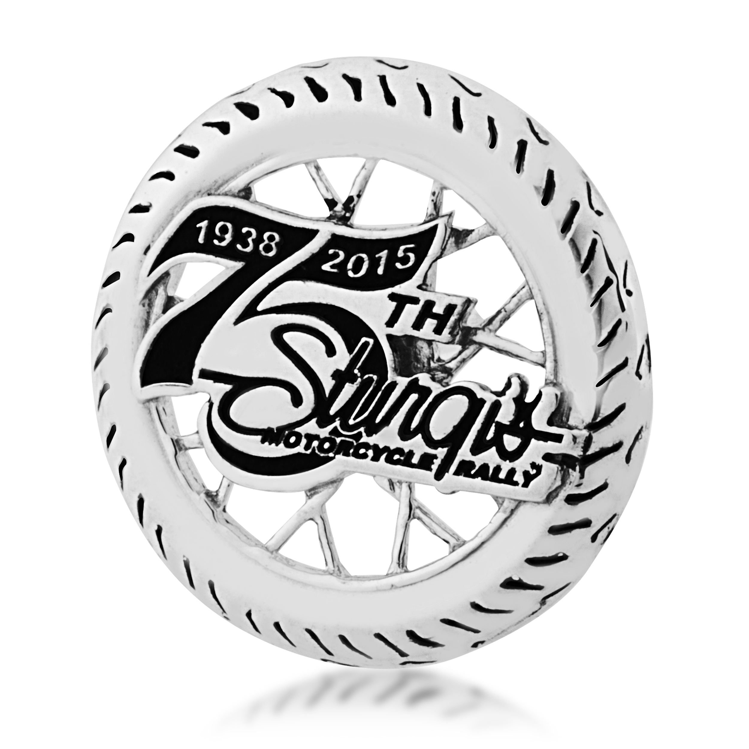 75th Sturgis Rally Black Hills Gold Sterling Silver Commemorative Motorcycle Wheel Lapel Pin. 