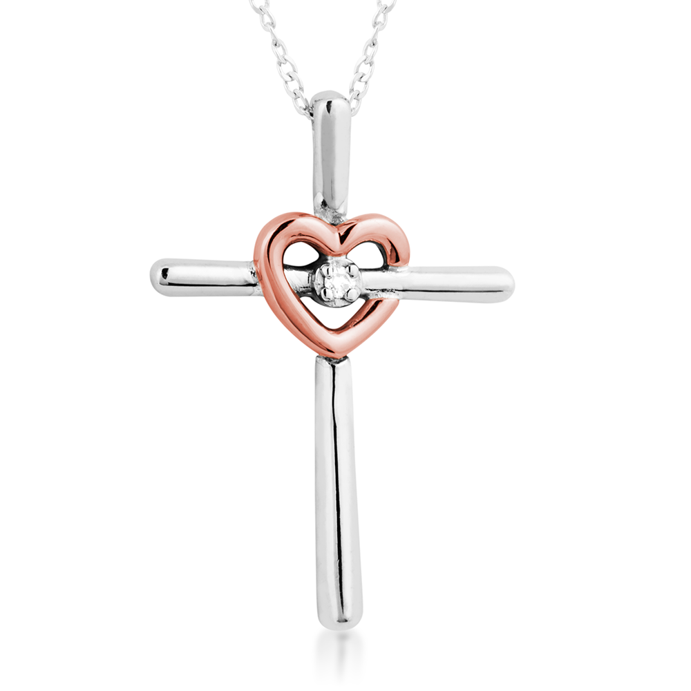 Black Hills Gold Cross with Heart Diamond Inside Necklace on Sterling Silver. 