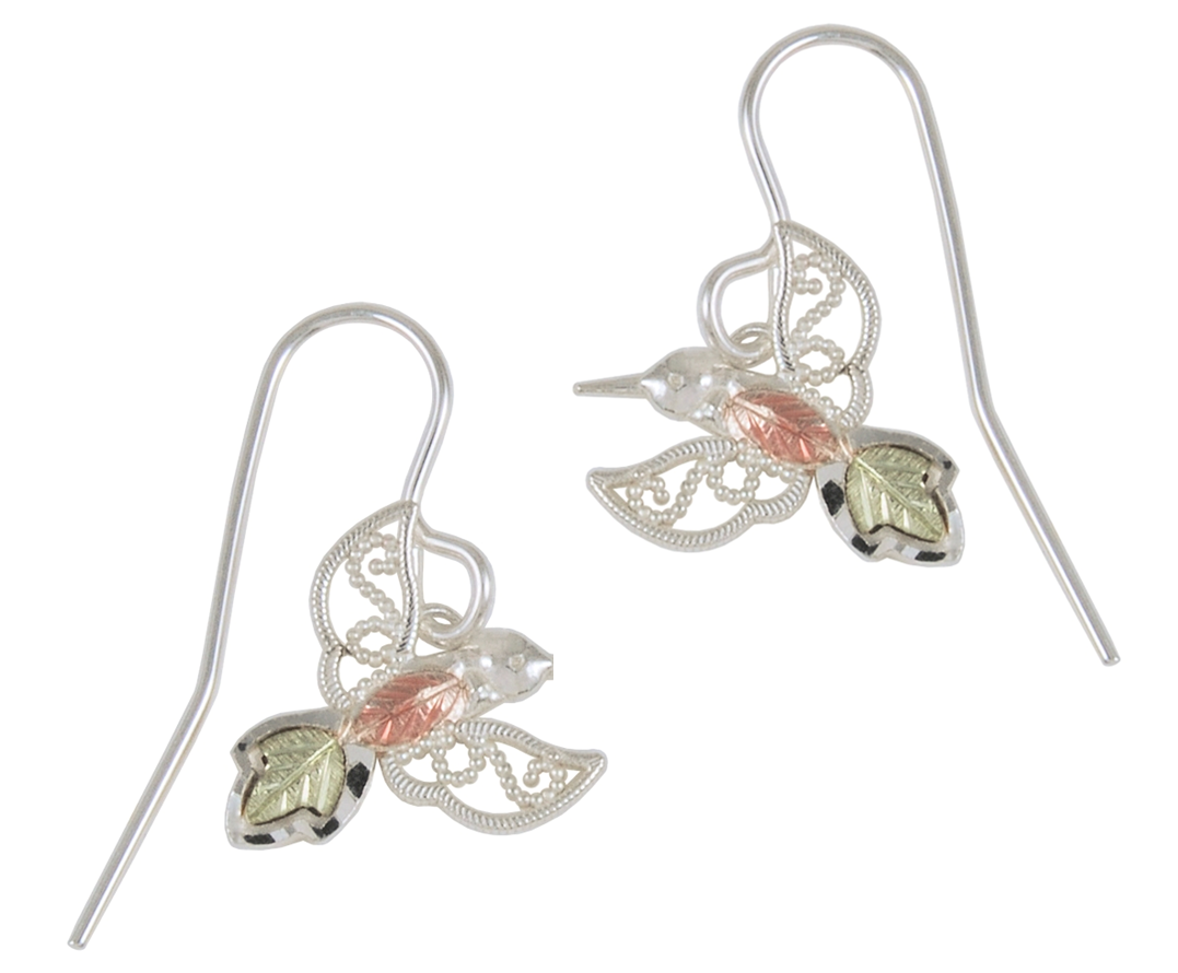 Beautiful filigree hummingbrid earrings with the iconic Black Hills Gold 12k green and 12k rose gold grape leaves on sterling silver. A pair of clear or black plastic safety stoppers are included with these earrings.