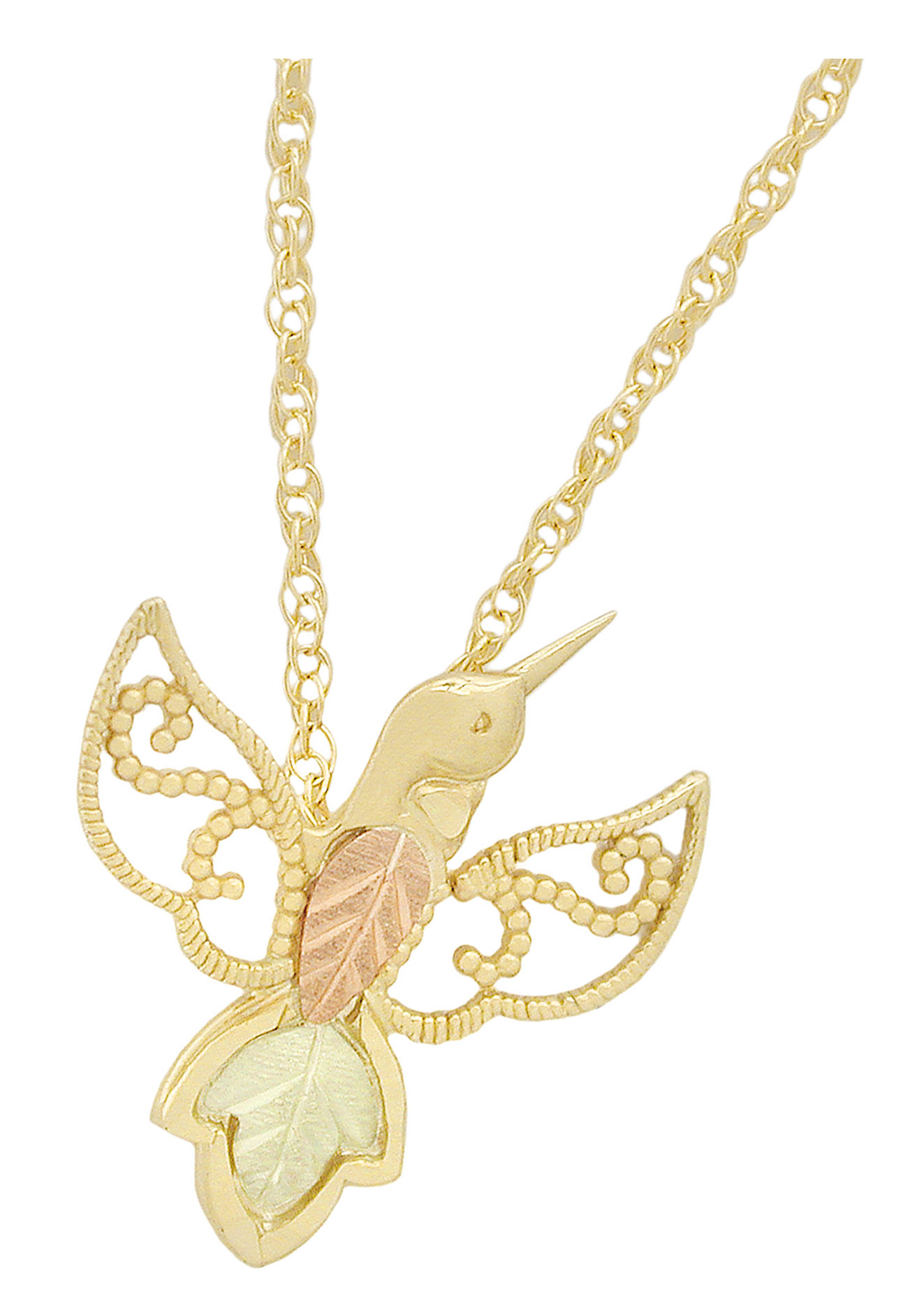 Black Hill Gold hummingbird pendant necklace in 10k yellow gold, 12k rose and green gold. Black Hills Gold Style. 