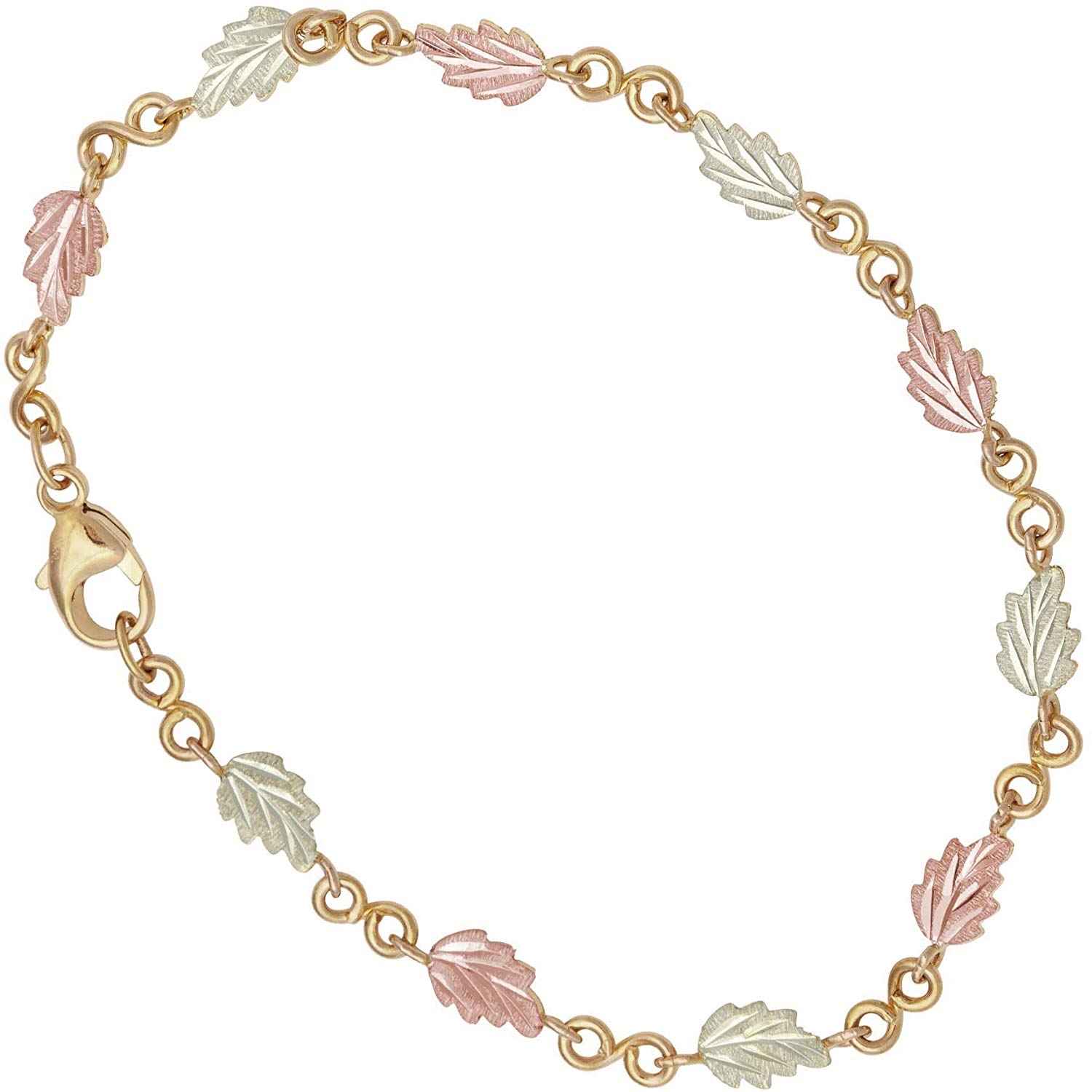 10k yellow gold grape leaf link bracelet with 12k green gold and 12k rose gold Black Hills Gold, made in American with gold mined from the Dakota's.