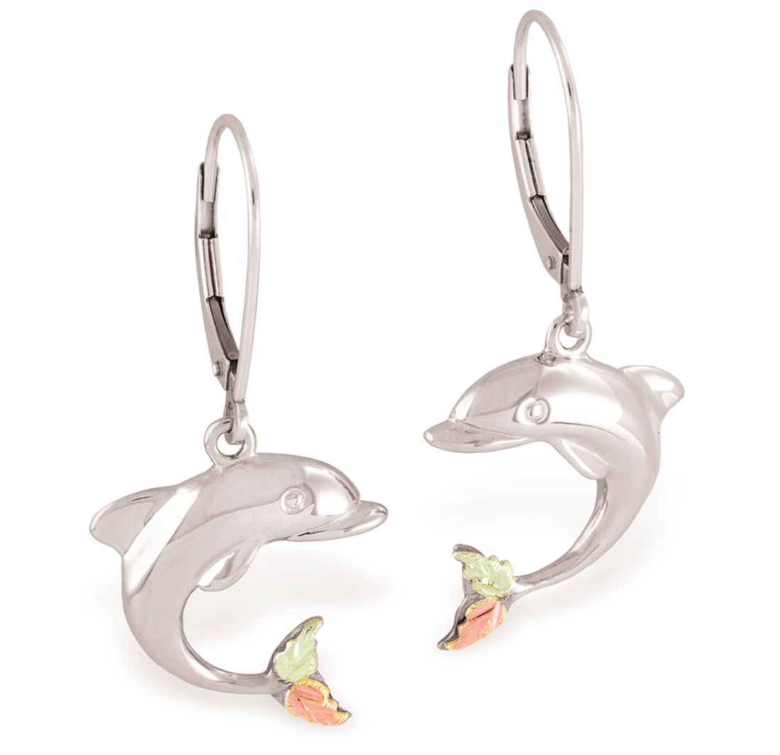 Dolphin Earrings Lever backs Sterling Silver Black Hills Gold motif. 