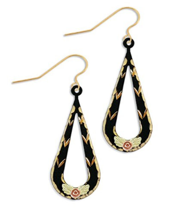 Black Enamel Rose Dangle Earrings, 10k Yellow Gold, 12k Green and Rose Gold Black Hills Gold Motif