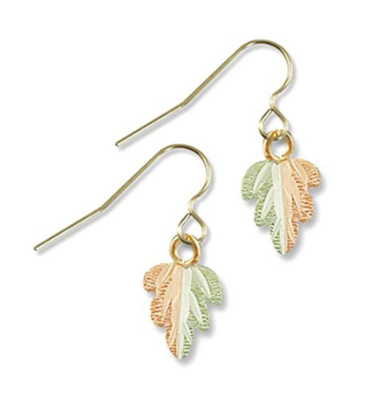 Two-Tone Split Leaf Earrings, 10k Yellow Gold, 12k Green and Rose Gold Black Hills Gold Motif.