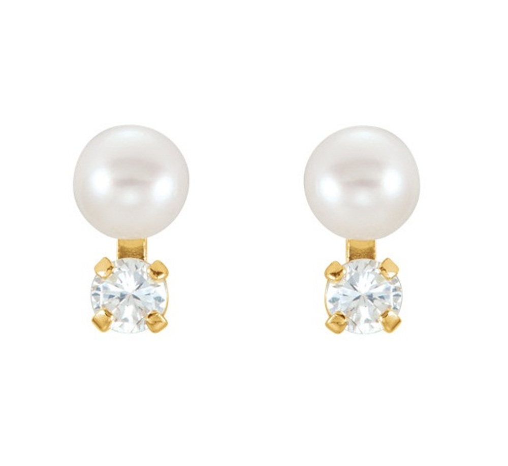 Cultured Pearl and CZ Earrings, 14k  Yellow Gold 