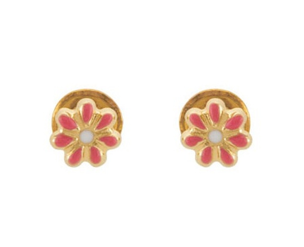 Orange and White Enameled Flower Youth Earrings, 14k Yellow Gold