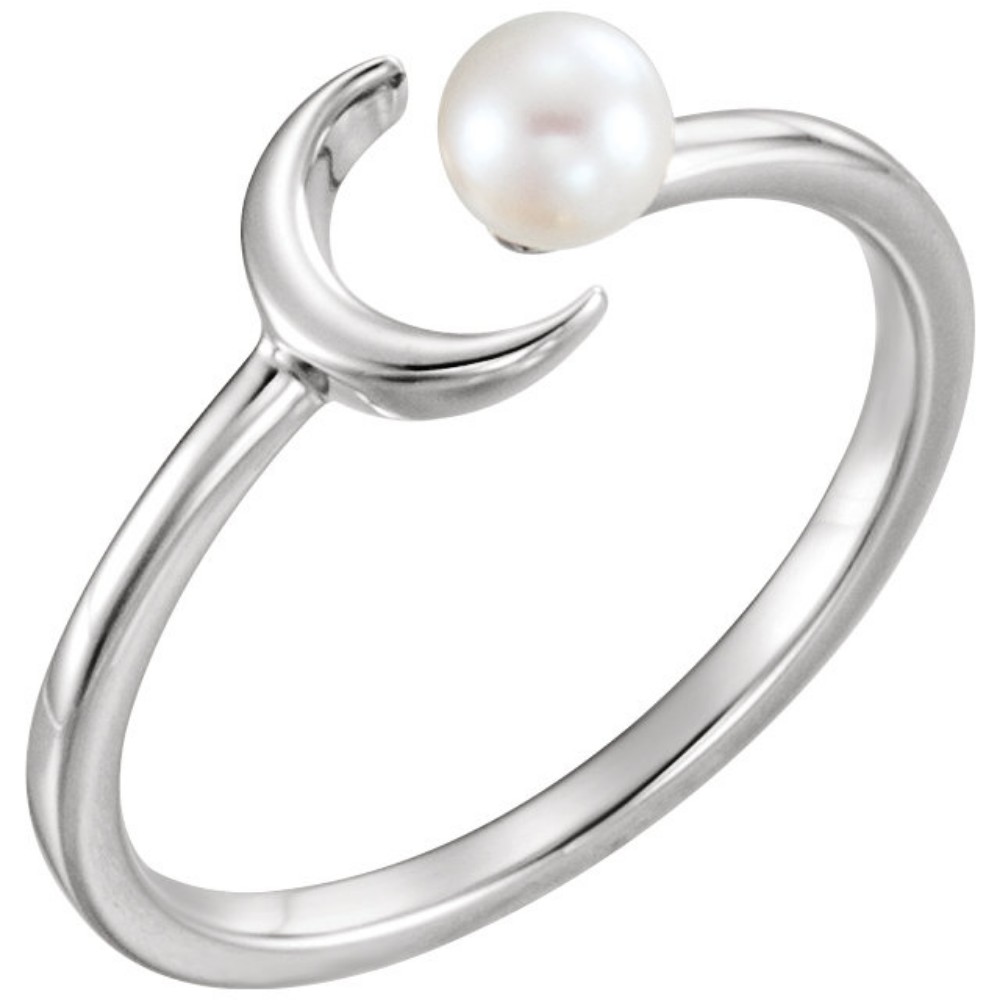 White Freshwater Cultured Pearl Crescent Ring, Rhodium-Plated 14k White Gold 
