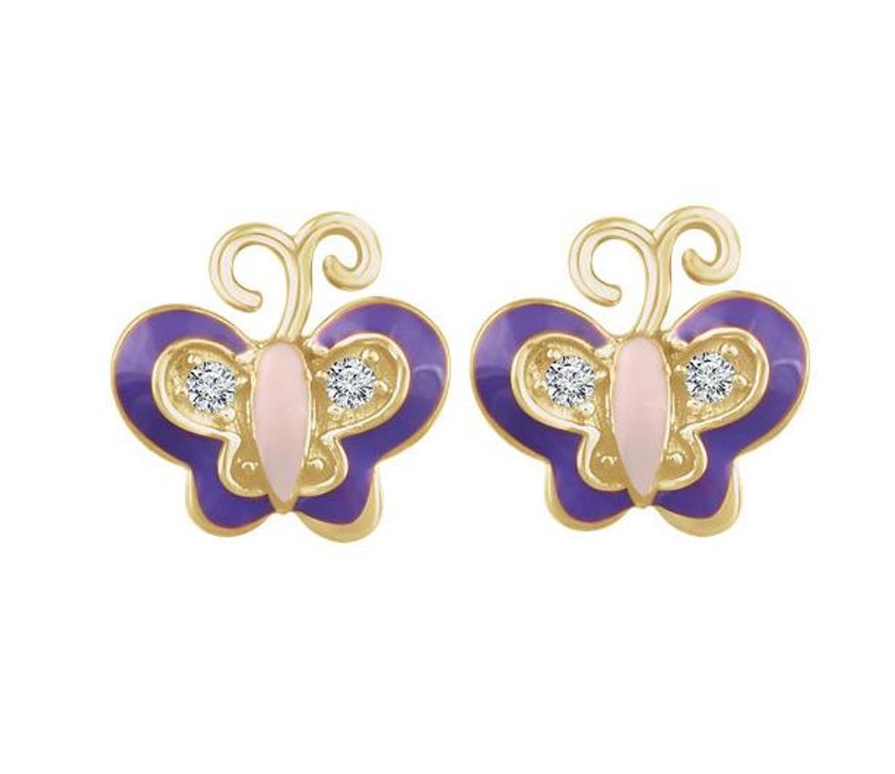 Diamond Blue Enamel Butterfly Youth Earrings, 10k Yellow Gold 
