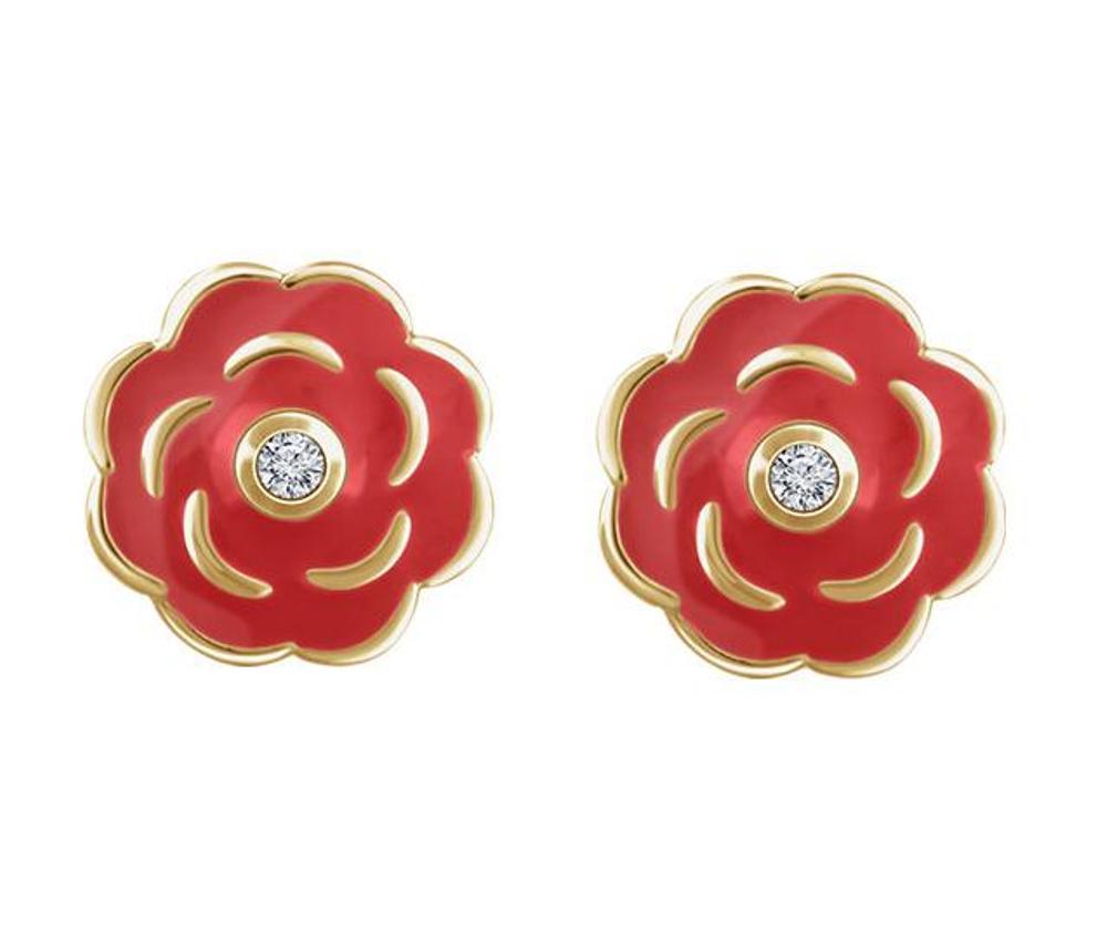 Diamond Red Enamel Flower Earrings, 10k Yellow Gold 
